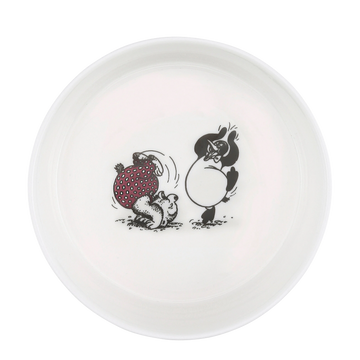 A white ceramic plate featuring a classic black ink-style cartoon illustration of a Rasmus Klump, with Pingo beside it, set against a plain white background.