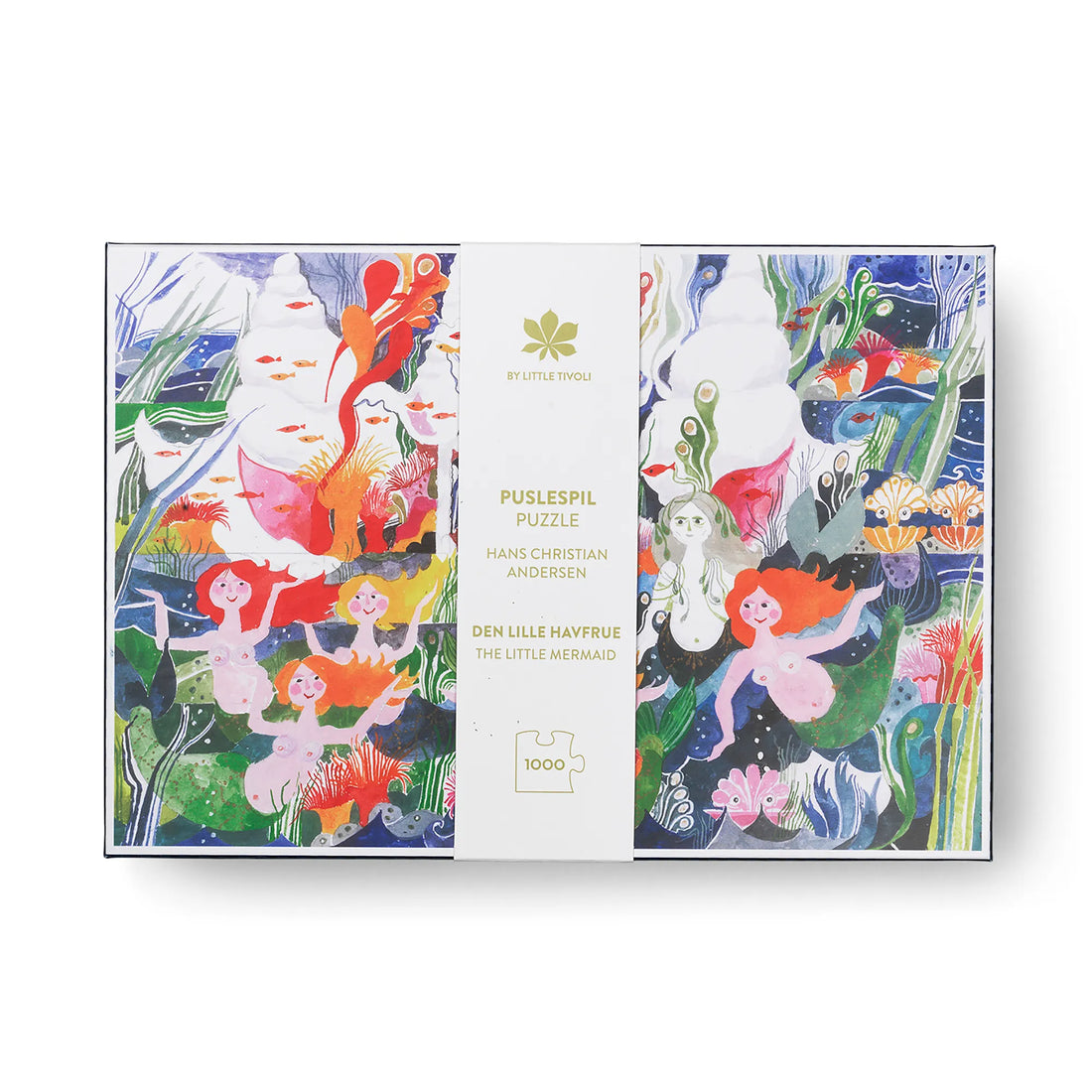 The Little Mermaid 1000-piece jigsaw puzzle by Hans Christian Andersen, featuring a vibrant underwater fairy tale scene with mermaids, fish, coral and marine life. Exclusive to Little Tivoli.