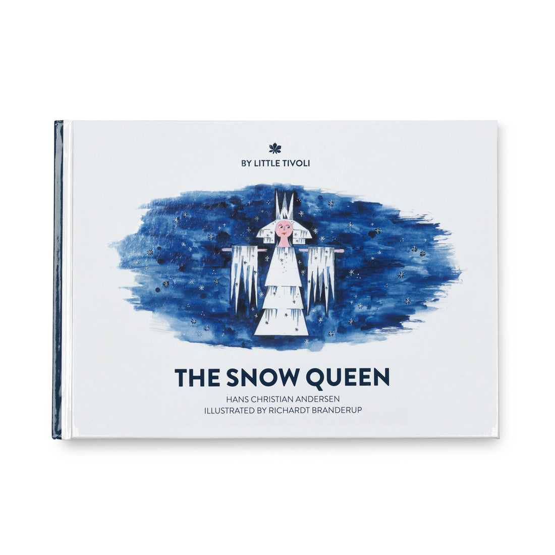 The Snow Queen children's book by Hans Christian Andersen, illustrated by Richardt Branderup, with a cover featuring the Snow Queen surrounded by snowflakes and icy blue tones.