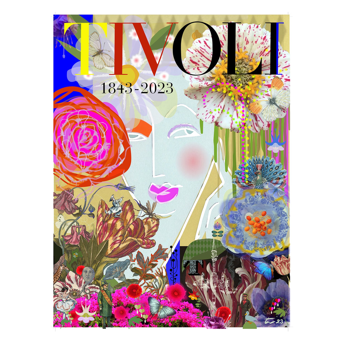 Tivoli 180 års jubilæum foldekort med farverigt motiv af Thomas Winkler, inspireret af Tivolis blomster, traditioner og ikoniske oplevelser.