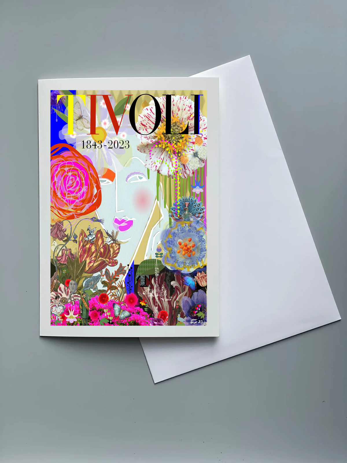 Tivoli 1843-2023 kunstkort med farverig collage af blomster, planter og kunstneriske detaljer. Motivet markerer Tivolis 180-års jubilæum og kombinerer botaniske elementer, levende farver og moderne grafisk design.
