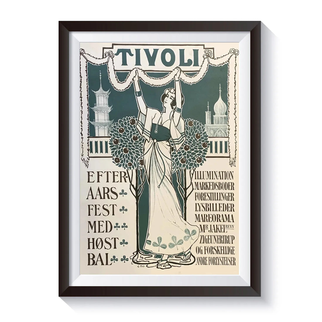Historisk Tivoli årsplakat fra 1900, genudgivet i forbindelse med Tivolis 155-års jubilæum, med elegant art nouveau-design og klassiske Tivoli-motiver fra København