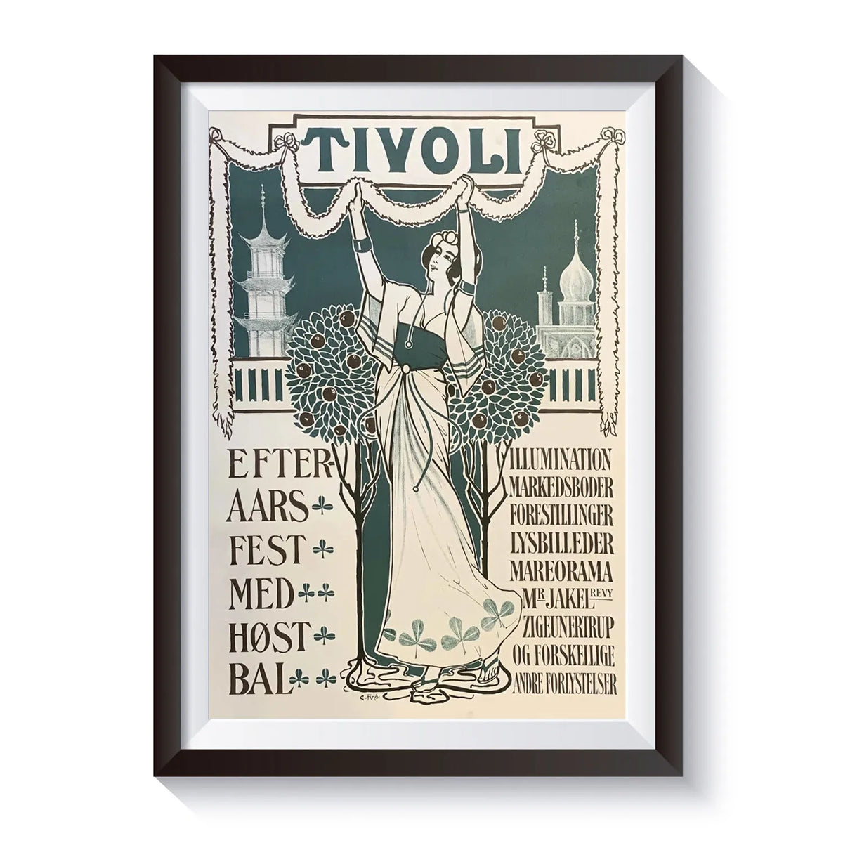Historisk Tivoli årsplakat fra 1900, genudgivet i forbindelse med Tivolis 155-års jubilæum, med elegant art nouveau-design og klassiske Tivoli-motiver fra København