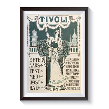 Historisk Tivoli årsplakat fra 1900, genudgivet i forbindelse med Tivolis 155-års jubilæum, med elegant art nouveau-design og klassiske Tivoli-motiver fra København