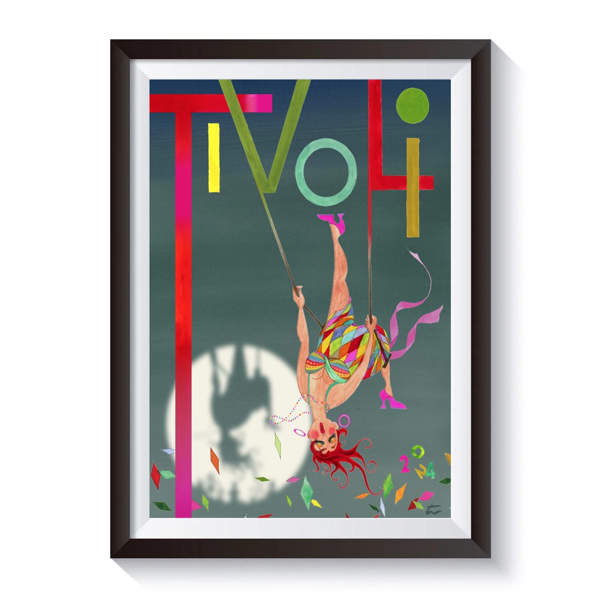 Vintage Tivoli-plakat med farverig akrobat hængende i en trapez. Motivet har dekorative bogstaver, konfetti og en skygge af en forlystelse i baggrunden, udført i en kunstnerisk og retroinspireret stil.