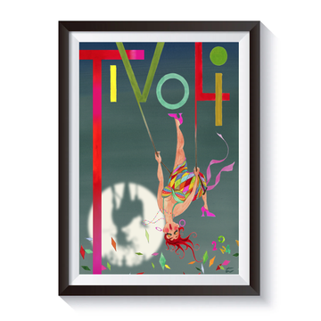 Vintage Tivoli-plakat med farverig akrobat hængende i en trapez. Motivet har dekorative bogstaver, konfetti og en skygge af en forlystelse i baggrunden, udført i en kunstnerisk og retroinspireret stil.