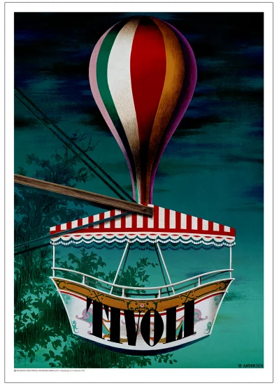 Dekorativ Tivoli magnet med vintage motiv af luftballon og gondol, inspireret af Tivolis historiske ballonforlystelser og nostalgiske tivolistemning