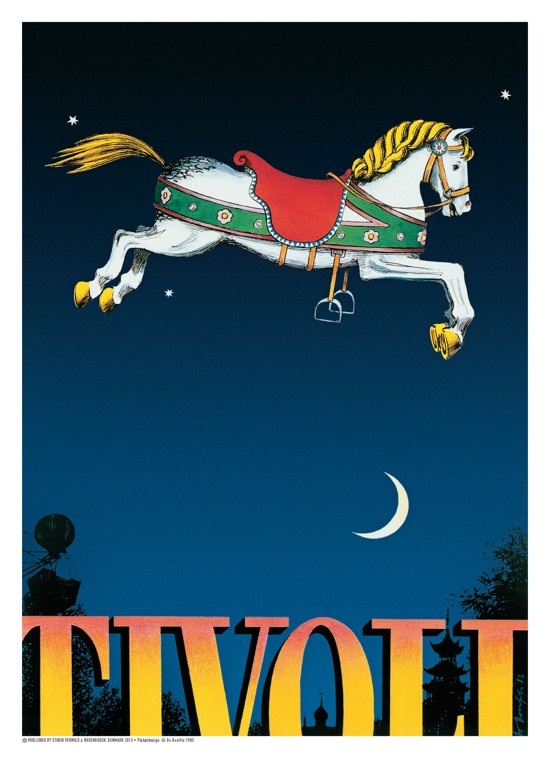 Foldekort med ikonisk Bo Bonfils-illustration af en flyvende karruselhest over Tivoli, inspireret af Havens eventyrlige atmosfære og danske designtradition