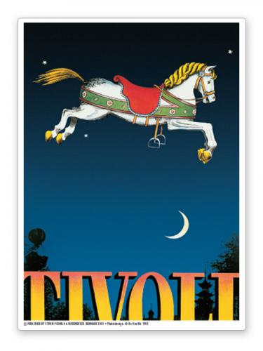 Dekorativ Tivoli magnet med klassisk Bo Bonfils-illustration af en flyvende karruselhest over Tivoli, inspireret af Havens eventyrlige atmosfære og danske designtradition