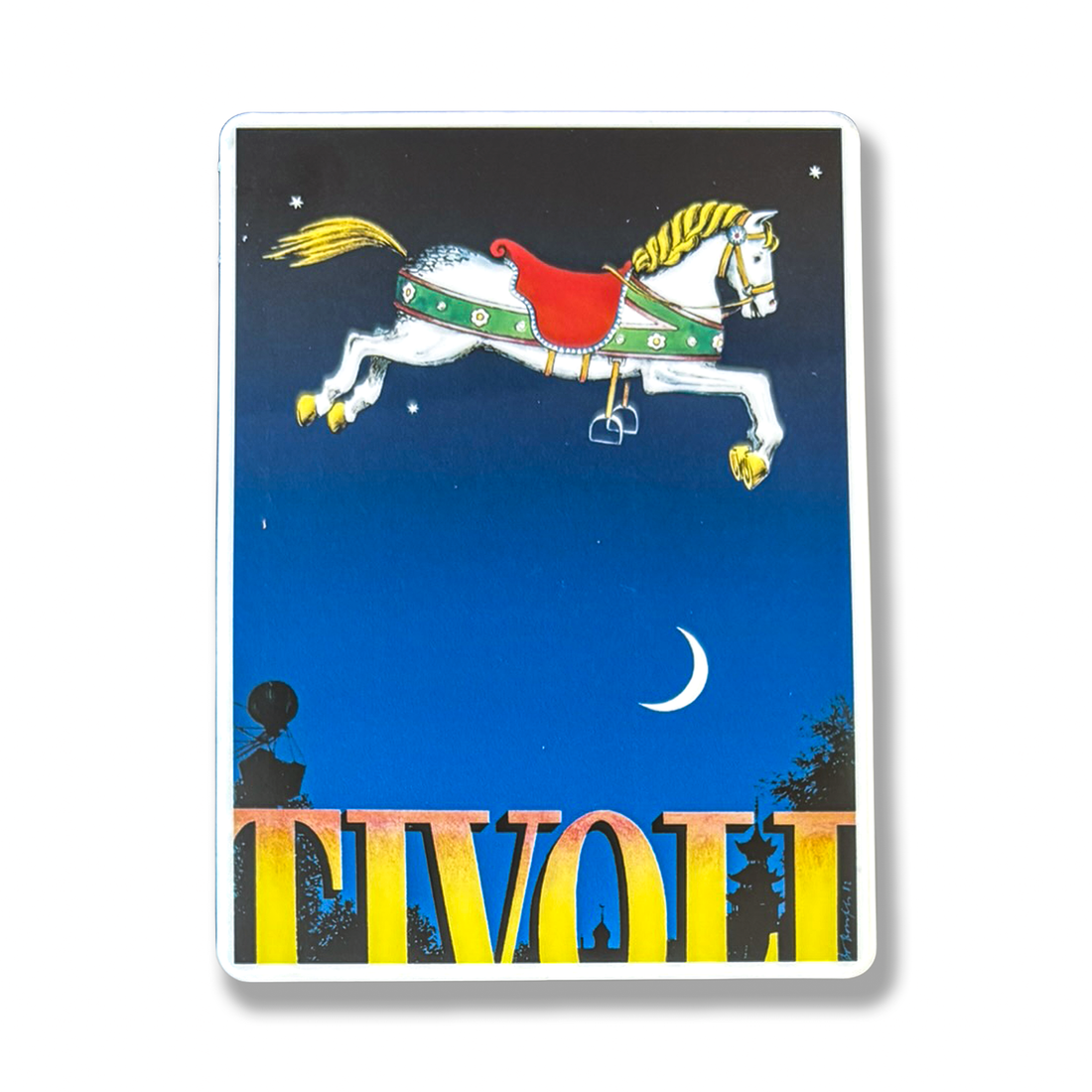 Dekorativ Tivoli magnet med klassisk Bo Bonfils-illustration af en flyvende karruselhest over Tivoli, inspireret af Havens eventyrlige atmosfære og danske designtradition
