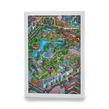 Tivoli Garderen kunstprint med farverig og detaljeret fugleperspektiv-illustration af Tivoli i København. Motivet viser parkens haver, sø, forlystelser og ikoniske bygninger i et levende bylandskab.