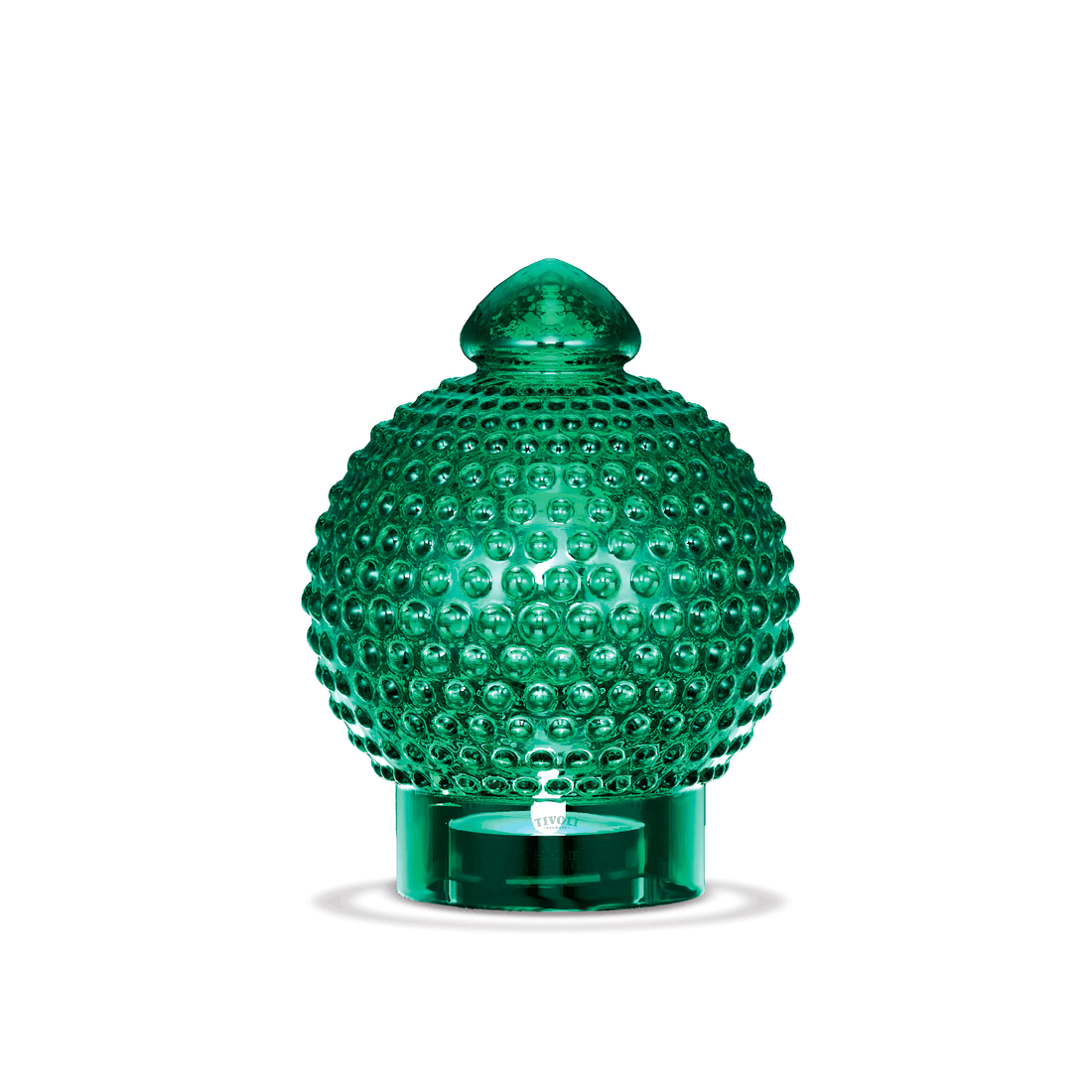 Grøn Tivoli glaskuppel inspireret af Michael Bangs ikoniske lampedesign fra 1967, udført i glas med karakteristisk knopstruktur og plads til fyrfadslys.