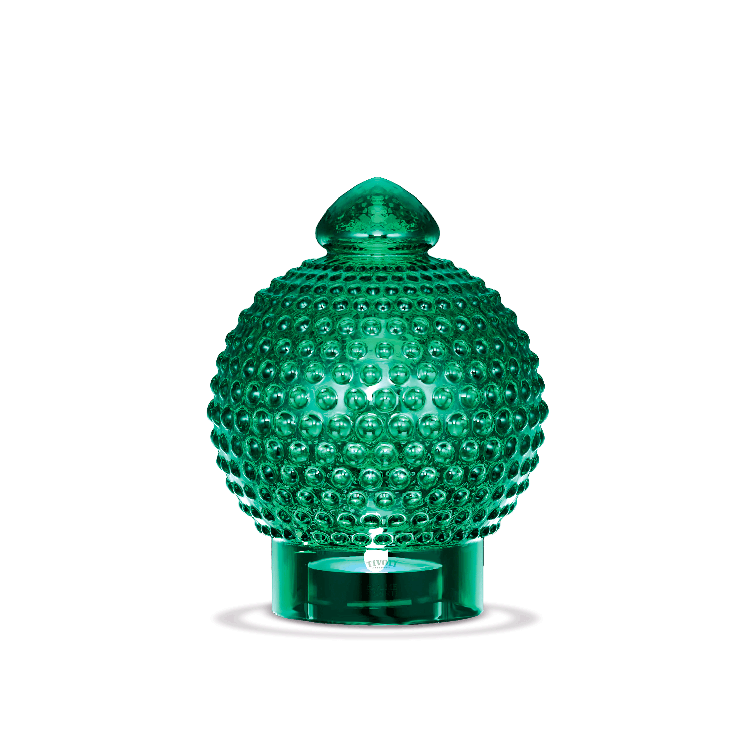 Grøn Tivoli glaskuppel inspireret af Michael Bangs ikoniske lampedesign fra 1967, udført i glas med karakteristisk knopstruktur og plads til fyrfadslys.