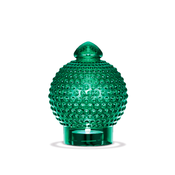 Grøn Tivoli glaskuppel inspireret af Michael Bangs ikoniske lampedesign fra 1967, udført i glas med karakteristisk knopstruktur og plads til fyrfadslys.