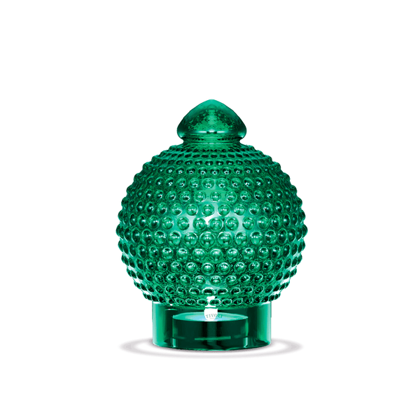 Grøn Tivoli glaskuppel inspireret af Michael Bangs ikoniske lampedesign fra 1967, udført i glas med karakteristisk knopstruktur og plads til fyrfadslys.