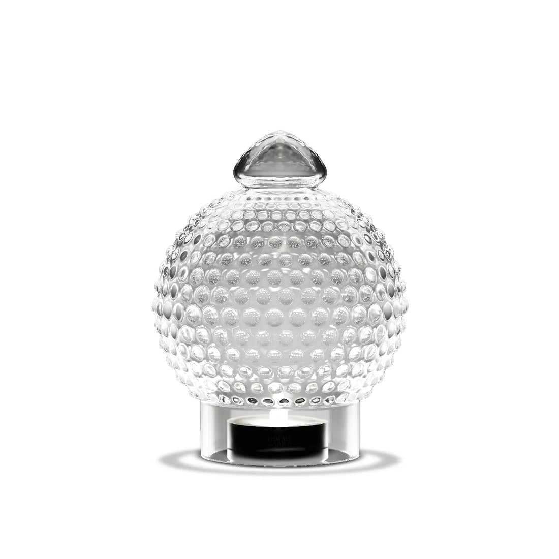 Klar Tivoli glaskuppel inspireret af Michael Bangs ikoniske lampedesign fra 1967, udført i glas med karakteristisk knopstruktur og plads til fyrfadslys.