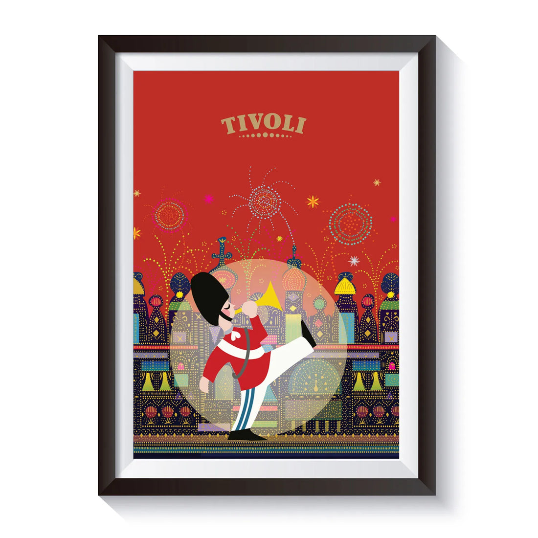 Decorative Tivoli poster featuring the iconic Tivoli Guardsman, fireworks and the historic Tivoli Gardens in Copenhagen