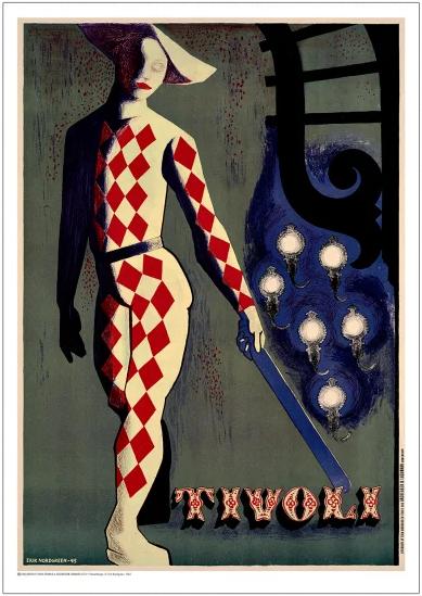Klassisk Tivoli-plakat med Harlekin fra Pantomimeteatret, inspireret af Tivolis pantomimetradition og den historiske teaterbygning fra 1874, et ikonisk motiv fra dansk kulturhistorie