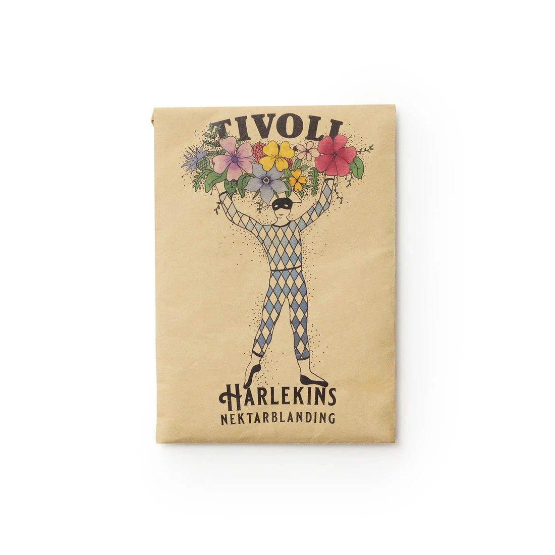 Harlekins Nektarblanding fra Tivoli, bivenlig blomsterblanding med nektarrige blomster, der tiltrækker bier, sommerfugle og andre bestøvere, illustreret med Tivolis ikoniske Harlekinfigur