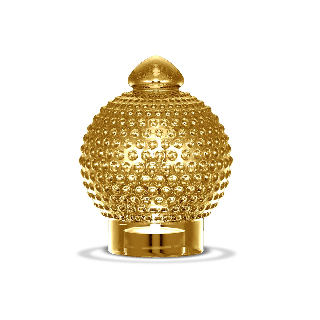 Tivoli Homeguard glaslampe i guldfarvet glas med dekorativ boblestruktur og blank overflade. Lampen har en karakteristisk kuppelformet top og cylindrisk fod, som giver et elegant og eksklusivt udtryk.
