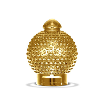 Tivoli Homeguard glaslampe i guldfarvet glas med dekorativ boblestruktur og blank overflade. Lampen har en karakteristisk kuppelformet top og cylindrisk fod, som giver et elegant og eksklusivt udtryk.