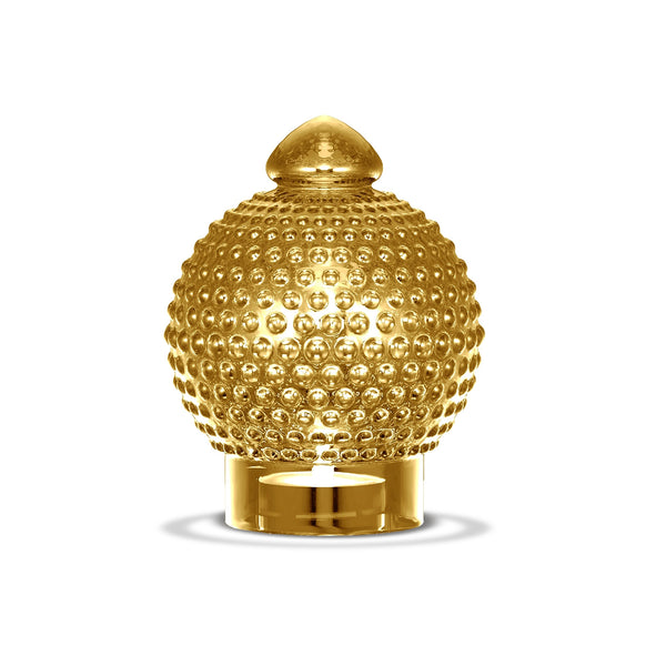 Tivoli Homeguard glaslampe i guldfarvet glas med dekorativ boblestruktur og blank overflade. Lampen har en karakteristisk kuppelformet top og cylindrisk fod, som giver et elegant og eksklusivt udtryk.
