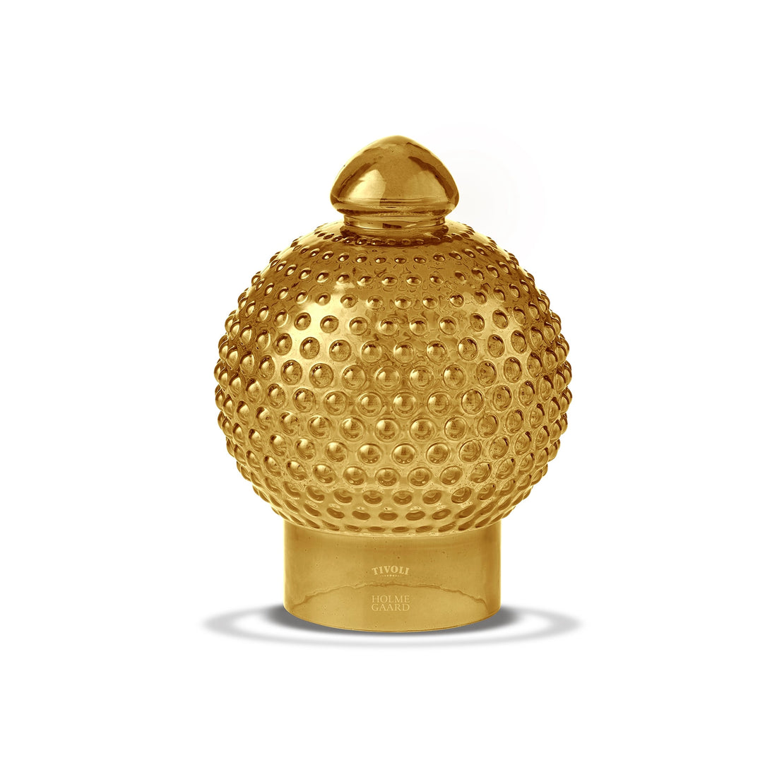 Tivoli Homeguard glaslampe i guldfarvet glas med dekorativ boblestruktur og blank overflade. Lampen har en karakteristisk kuppelformet top og cylindrisk fod, som giver et elegant og eksklusivt udtryk.