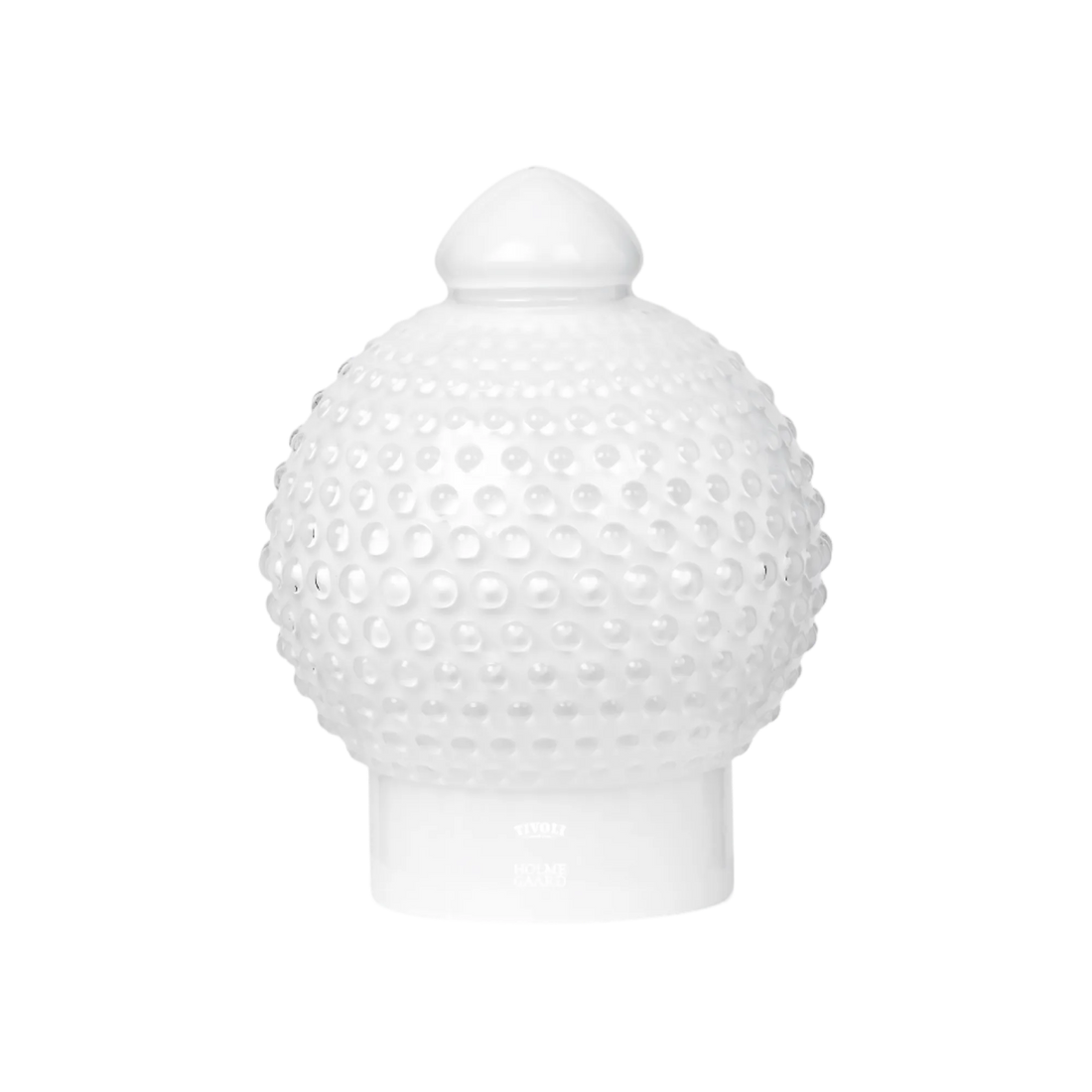 Hvid Tivoli Homeguard glaslampe i opalglas med dekorativ boblestruktur og karakteristisk kuppelformet top. Lampen står på en matchende rund fod og har et tidløst, klassisk design.