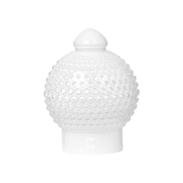 Hvid Tivoli Homeguard glaslampe i opalglas med dekorativ boblestruktur og karakteristisk kuppelformet top. Lampen står på en matchende rund fod og har et tidløst, klassisk design.