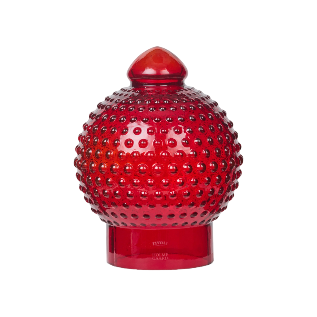 Rubinrød Tivoli Homeguard glaslampe med dekorativ boblestruktur, blank overflade og karakteristisk kuppelformet top. Lampen er udført i farvet glas og står på en matchende rund fod.