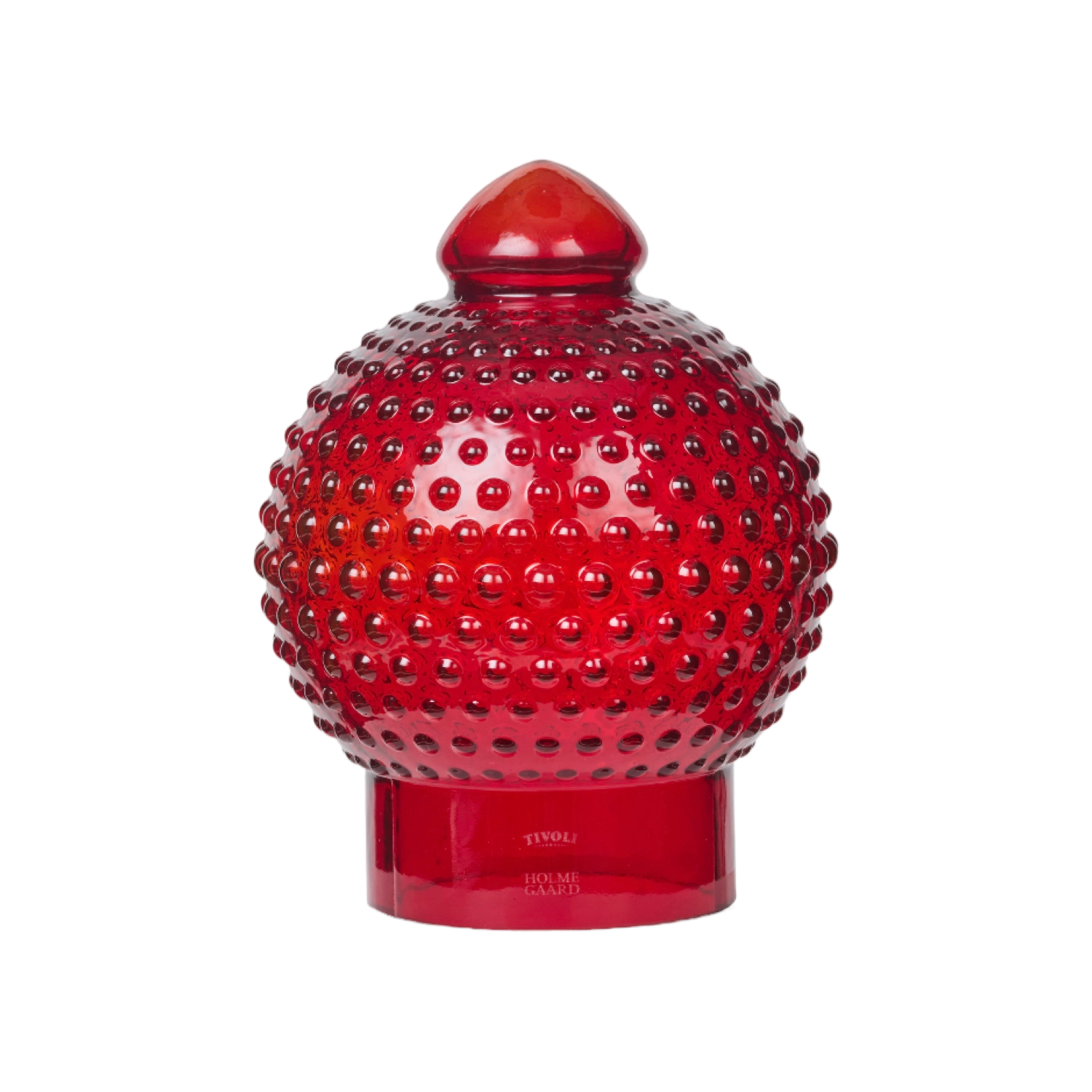 Rubinrød Tivoli Homeguard glaslampe med dekorativ boblestruktur, blank overflade og karakteristisk kuppelformet top. Lampen er udført i farvet glas og står på en matchende rund fod.