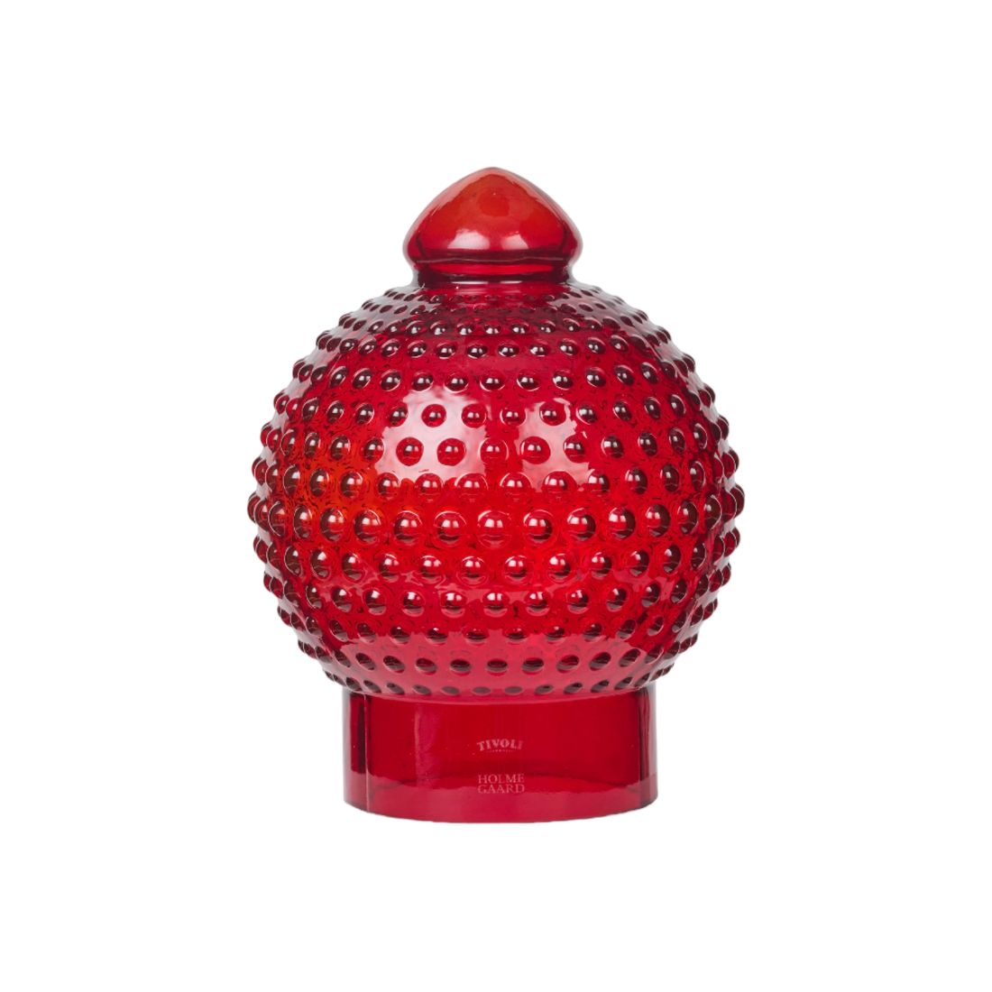 Rød glaslampe fra Tivoli Homeguard med dekorativ boblestruktur og blank overflade. Lampen er udført i dybrødt glas med kuppelformet top og rund fod.