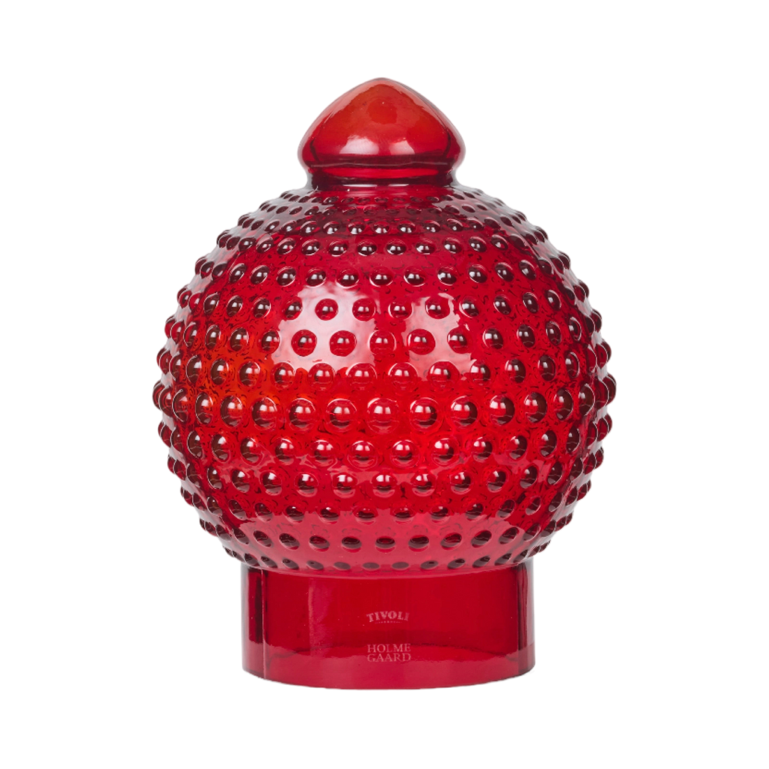 Rød glaslampe fra Tivoli Homeguard med dekorativ boblestruktur og blank overflade. Lampen er udført i dybrødt glas med kuppelformet top og rund fod.
