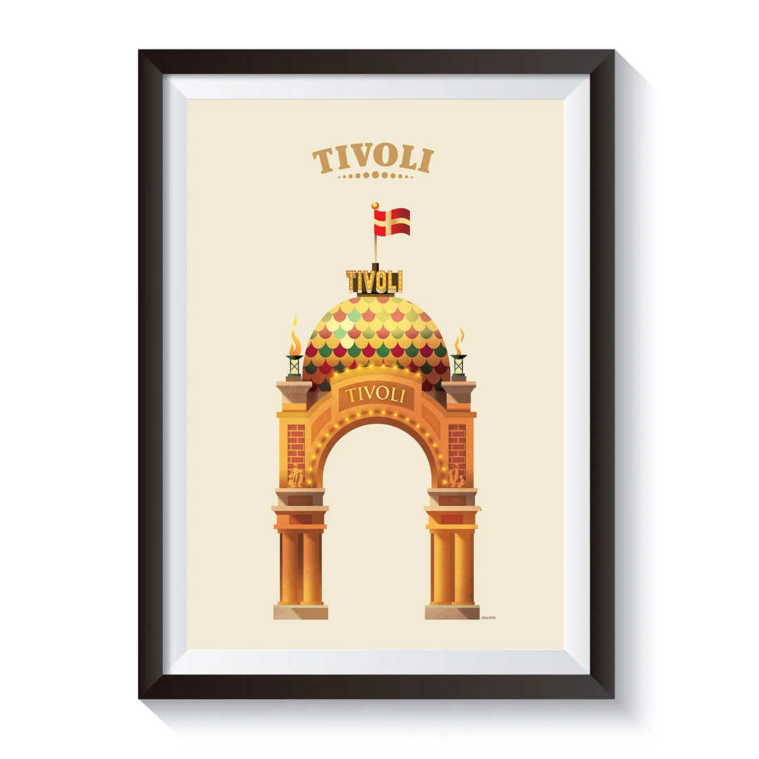Vintage Tivoli-plakat med illustration af Tivolis ikoniske hovedindgang. Motivet viser den dekorative portal med farverig kuppel, danske flag, lysdetaljer og klassisk arkitektur på lys baggrund.