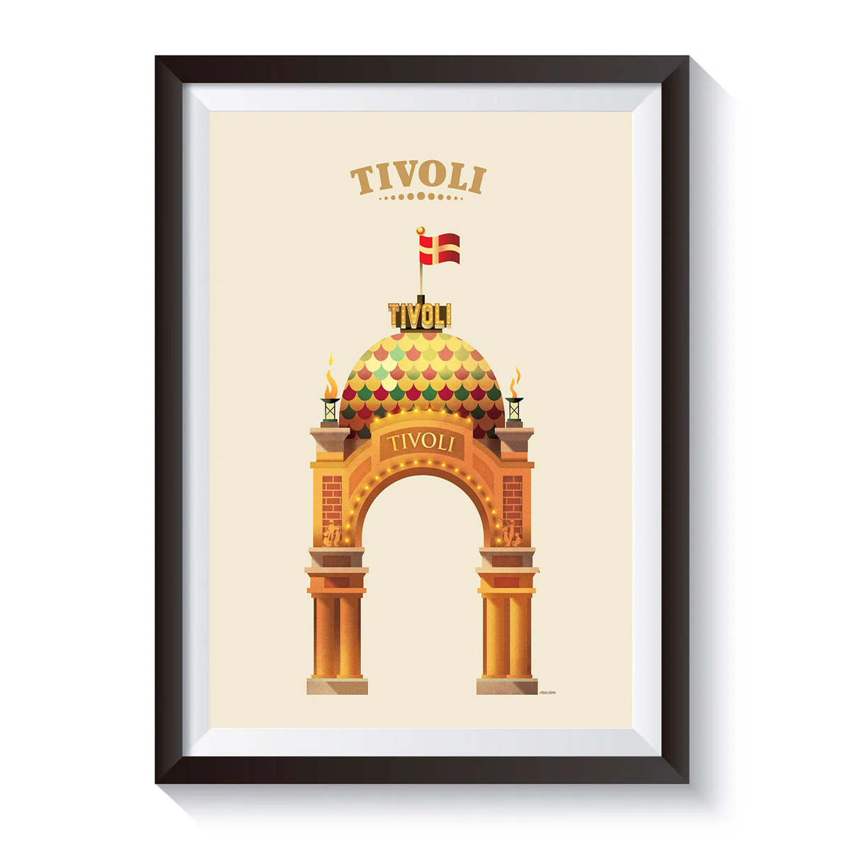 Vintage Tivoli-plakat med illustration af Tivolis ikoniske hovedindgang. Motivet viser den dekorative portal med farverig kuppel, danske flag, lysdetaljer og klassisk arkitektur på lys baggrund.