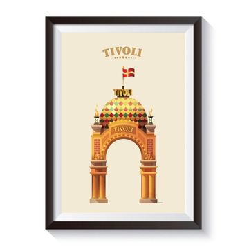 Vintage Tivoli-plakat med illustration af Tivolis ikoniske hovedindgang. Motivet viser den dekorative portal med farverig kuppel, danske flag, lysdetaljer og klassisk arkitektur på lys baggrund.