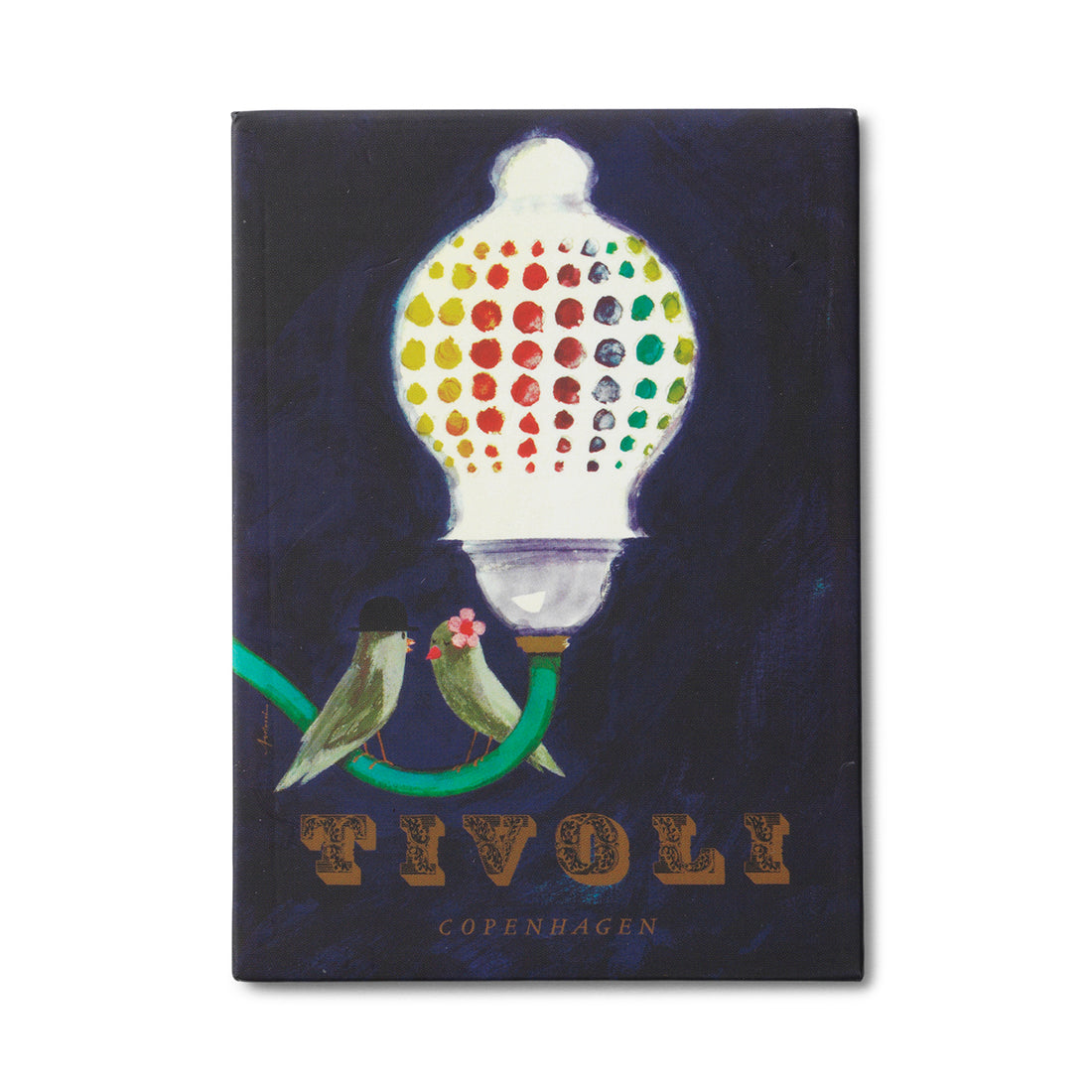 Tivoli magnet med det klassiske Ib Antoni-design, der viser den ikoniske Tivoli-lampe og et fuglepar, inspireret af Tivolis stemningsfulde belysning og danske designtradition
