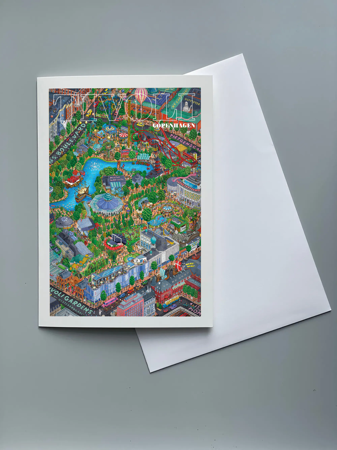 Tivoli Garderen kunstprint med farverig og detaljeret fugleperspektiv-illustration af Tivoli i København. Motivet viser parkens haver, sø, forlystelser og ikoniske bygninger i et levende bylandskab.