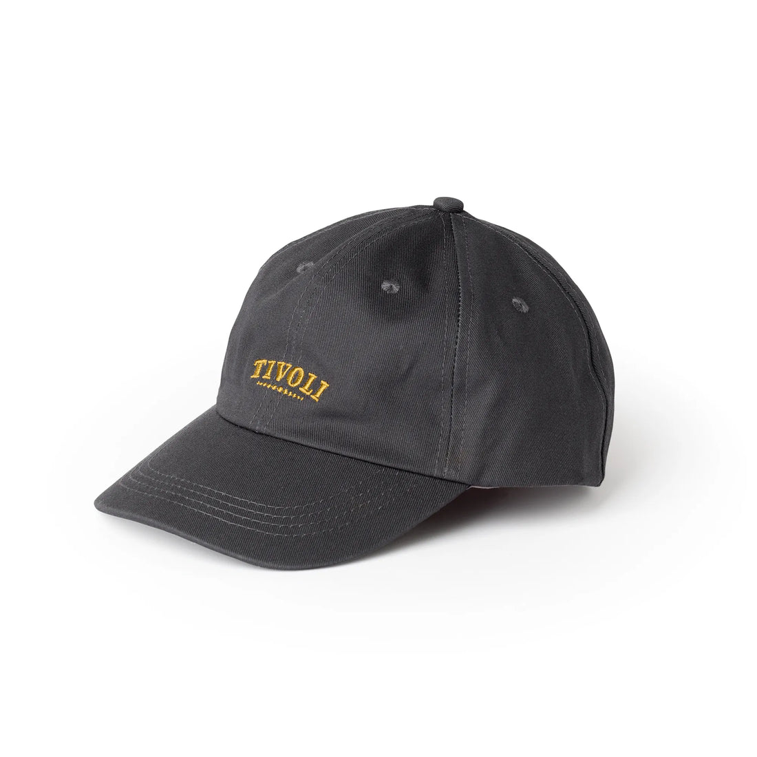 Antracitgrå Tivoli kasket i 100 % økologisk bomuld med broderet TIVOLI-logo i guld på fronten. Kasketten har buet skygge, klassisk pasform og et enkelt, tidløst design.
