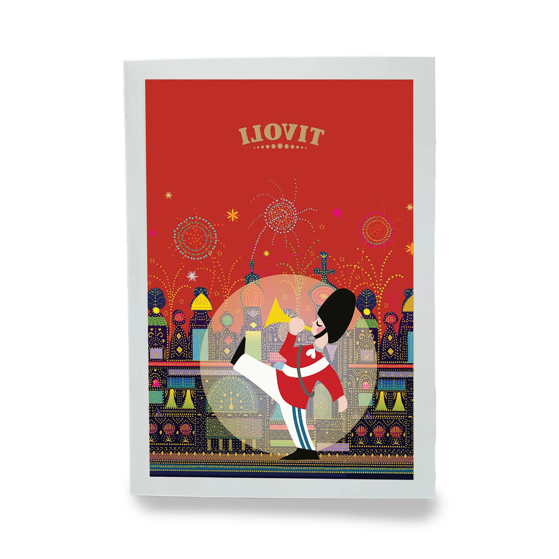 Tivoli Liovit plakat med illustreret garder i rød uniform foran et farverigt Tivoli-landskab. Motivet viser fyrværkeri, eventyrlige bygninger og dekorative lysdetaljer i klare farver på rød baggrund.