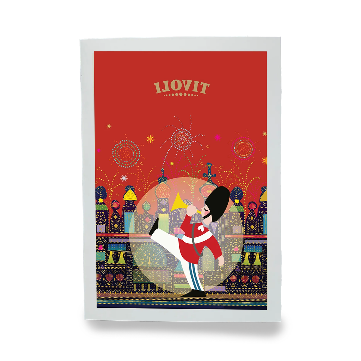 Tivoli Liovit plakat med illustreret garder i rød uniform foran et farverigt Tivoli-landskab. Motivet viser fyrværkeri, eventyrlige bygninger og dekorative lysdetaljer i klare farver på rød baggrund.