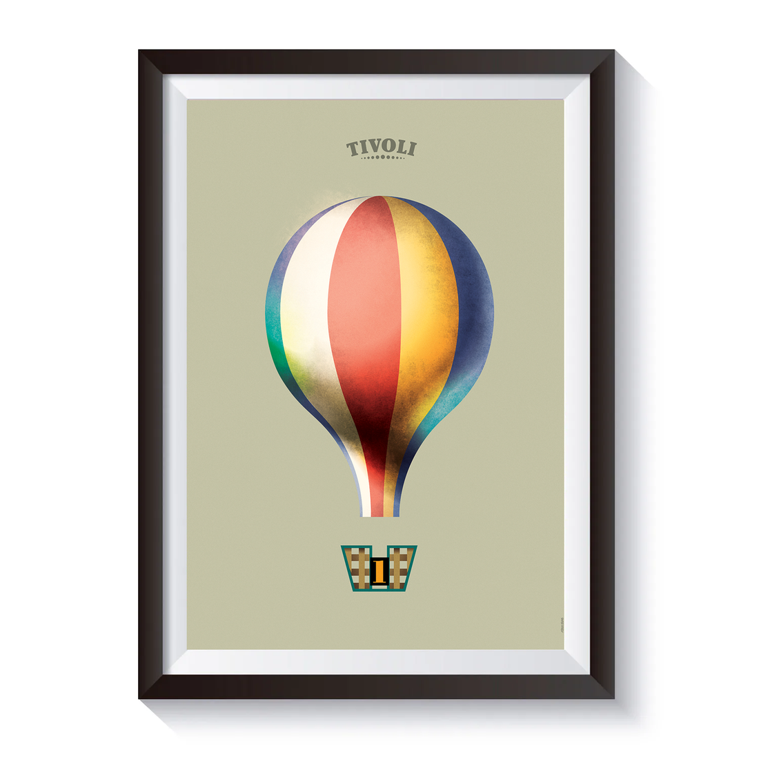 Minimalistisk Tivoli-plakat med en farverig luftballon i røde, blå, gule og grønne nuancer på lys baggrund. Det enkle retrodesign fremhæver luftballonen som et ikonisk Tivoli-motiv.