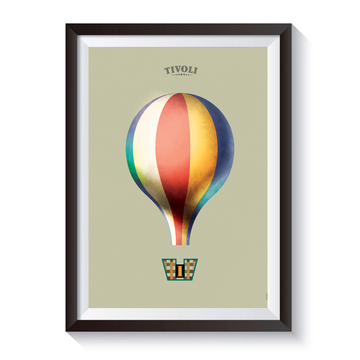 Minimalistisk Tivoli-plakat med en farverig luftballon i røde, blå, gule og grønne nuancer på lys baggrund. Det enkle retrodesign fremhæver luftballonen som et ikonisk Tivoli-motiv.