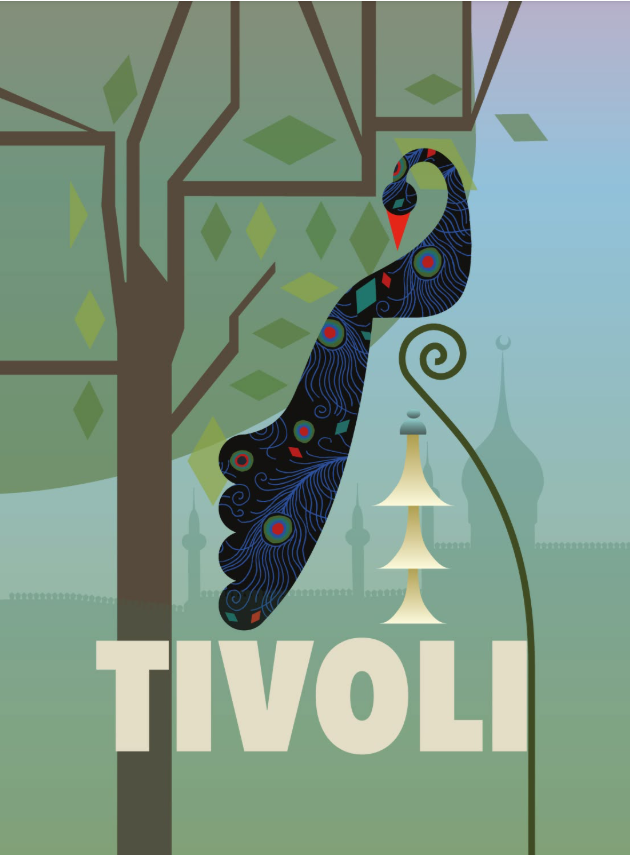 Flot Tivoli foldekort med dekorativ påfugl, et af Tivolis mest ikoniske symboler, inspireret af de fritgående påfugle og Havens eventyrlige atmosfære