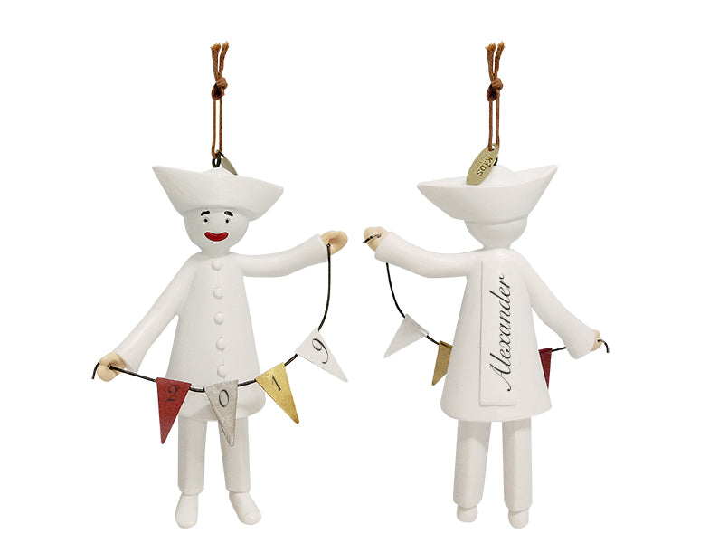 Personalized Pierrot porcelain ornament inspired by Tivoli's Pantomime Theatre and decorated with a festive bunting garland