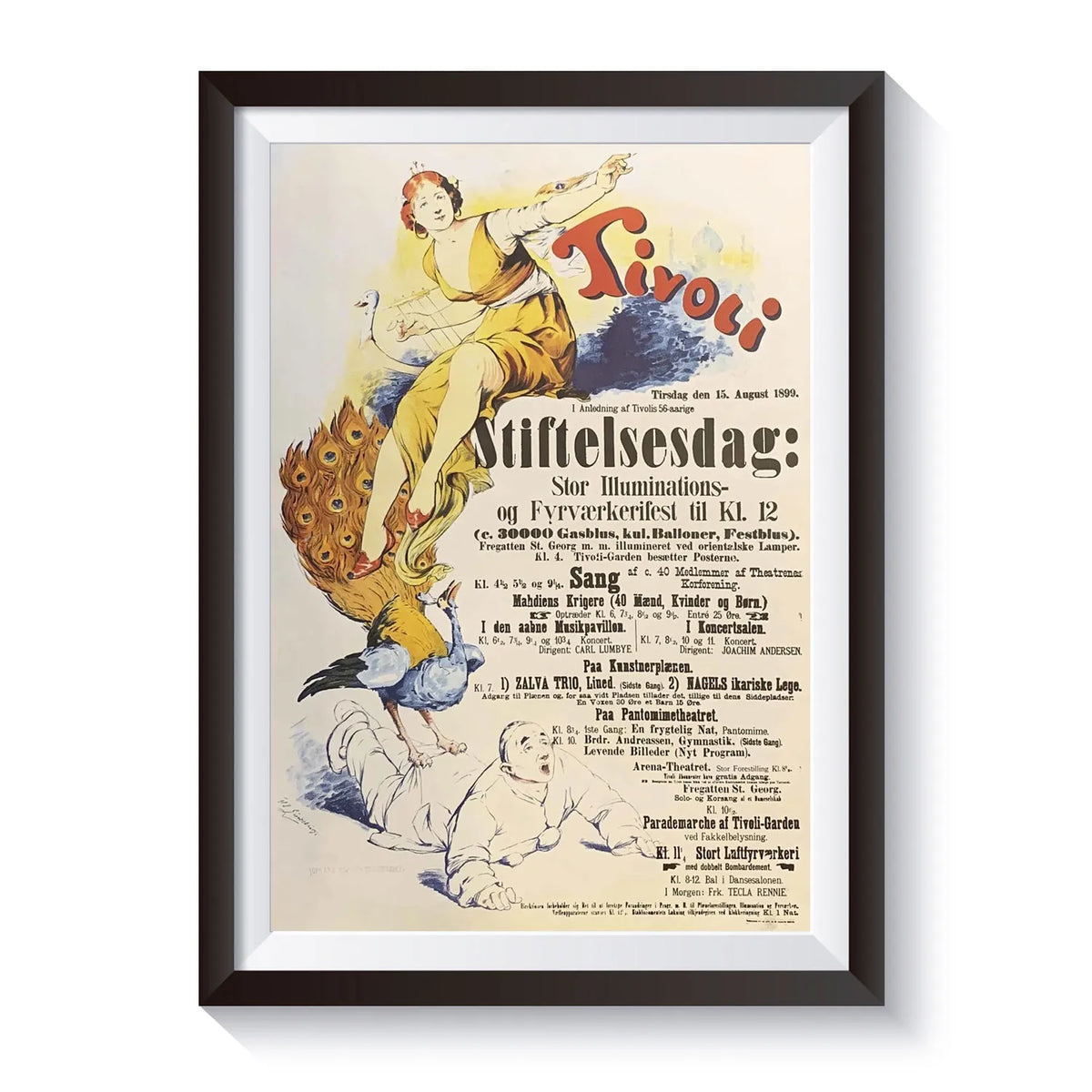 Klassisk Tivoli-plakat fra 1899 skabt til markeringen af Tivolis stiftelsesdag med farverigt art nouveau-inspireret design, påfugl og festlige jubilæumsmotiver fra Tivolis historie