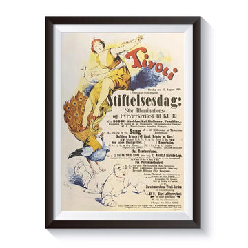 Klassisk Tivoli-plakat fra 1899 skabt til markeringen af Tivolis stiftelsesdag med farverigt art nouveau-inspireret design, påfugl og festlige jubilæumsmotiver fra Tivolis historie