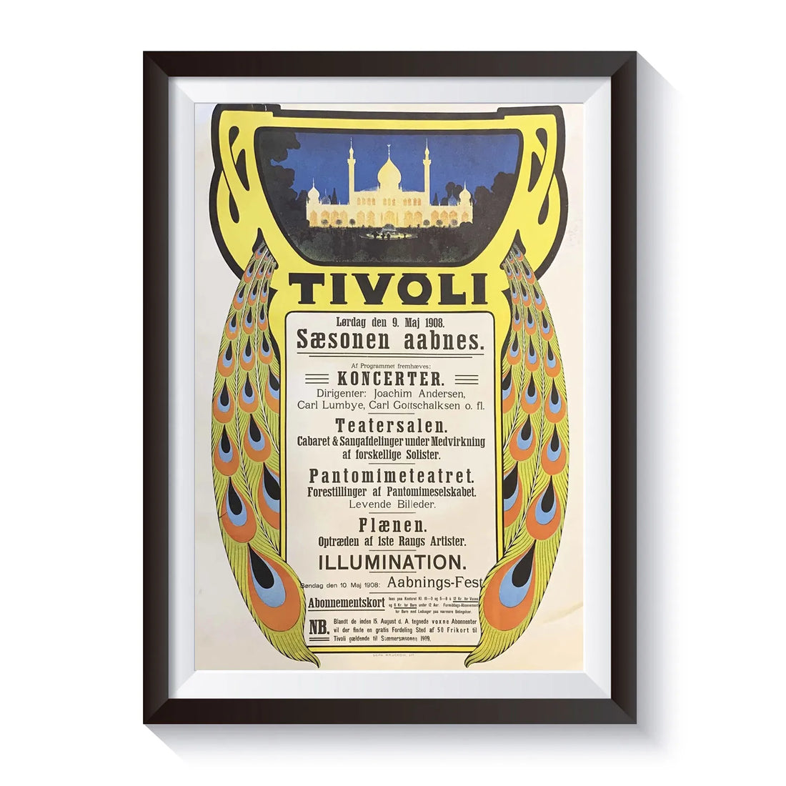 Klassisk Tivoli-plakat fra 1908 med dekorative påfuglefjer og Tivolis ikoniske bygninger, genudgivet som en del af Tivolis historiske jubilæumsplakater og danske plakatkunst