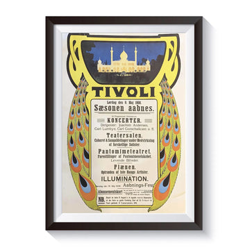 Klassisk Tivoli-plakat fra 1908 med dekorative påfuglefjer og Tivolis ikoniske bygninger, genudgivet som en del af Tivolis historiske jubilæumsplakater og danske plakatkunst