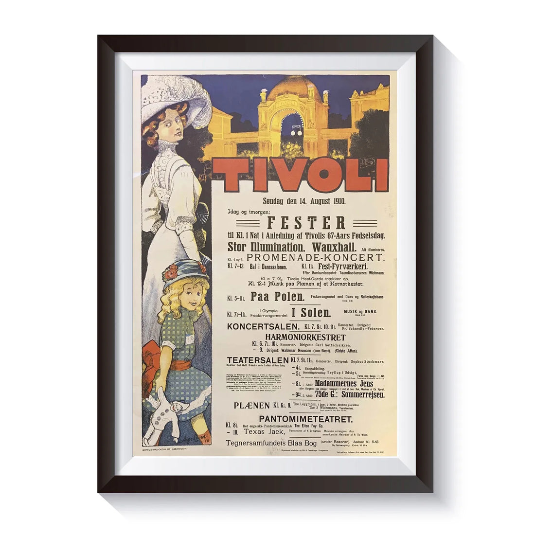 Klassisk Tivoli-plakat fra 1910 med vintageillustration af gæster ved Tivoli og det ikoniske hovedindgangsparti, genudgivet som del af Tivolis historiske jubilæumsplakater